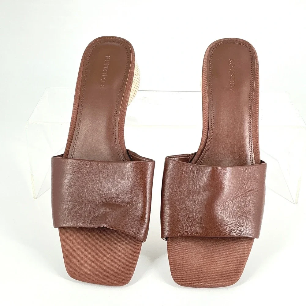 Nordstrom Size 9.5 Brown Leather Woven Raffia Block Heel Sandals Winona - Picture 2 of 12